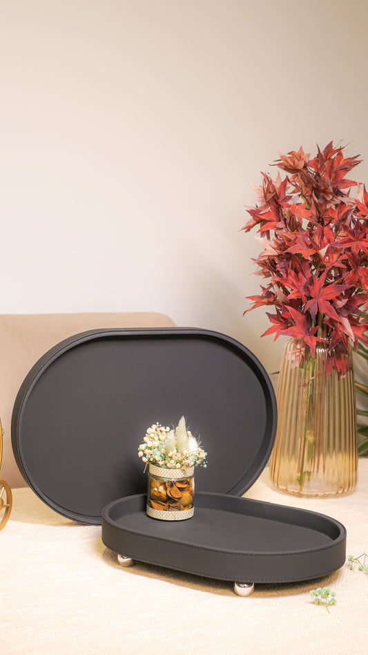 Oval Vegan Leather Footed Tray Set (2-Piece)