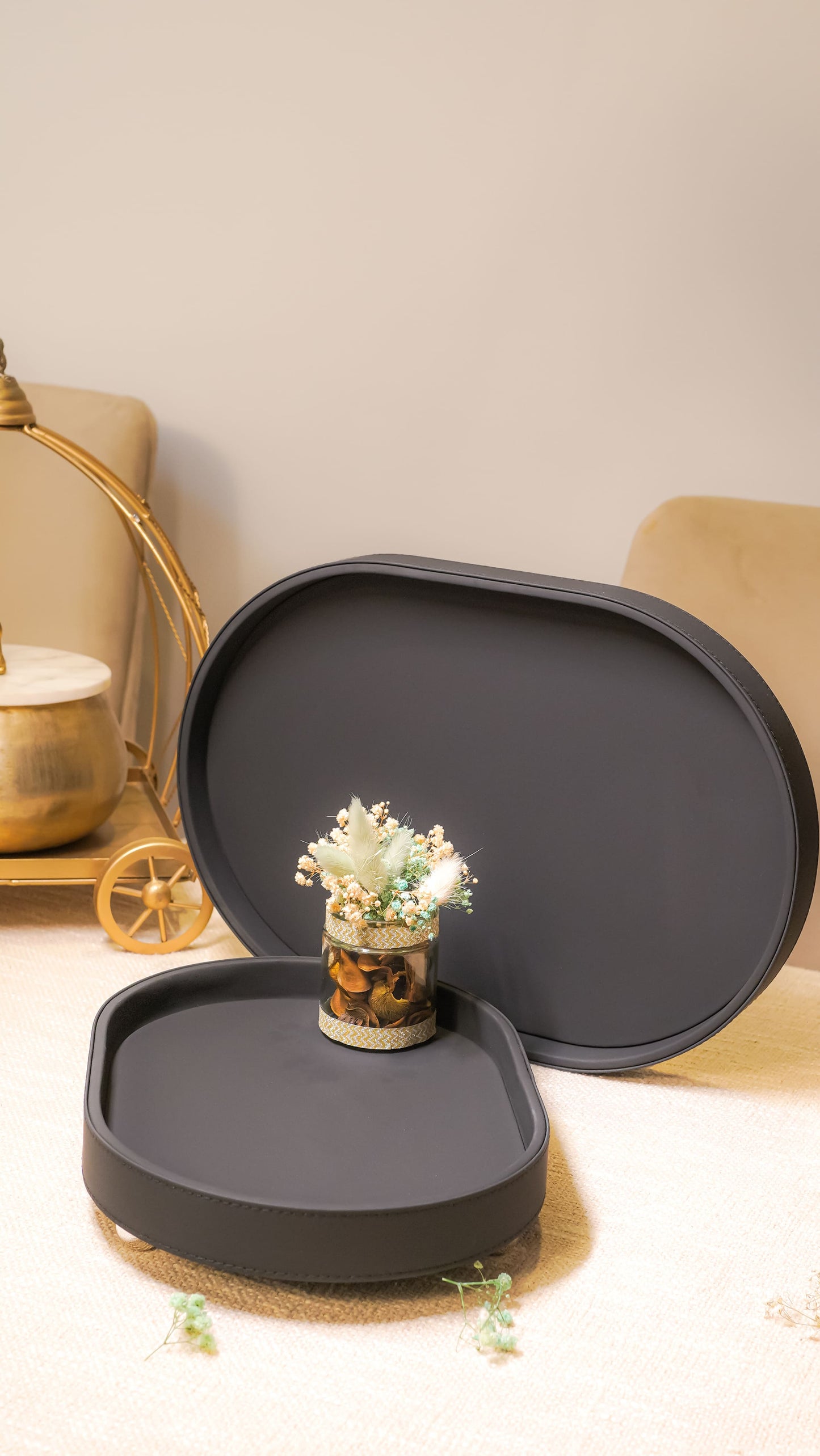 Oval Vegan Leather Footed Tray Set (2-Piece)