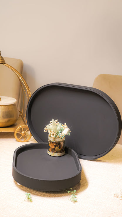 Oval Vegan Leather Footed Tray Set (2-Piece)